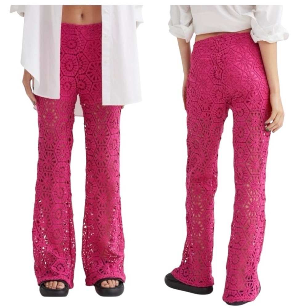 H&M Y2K Straight Leg Crocheted Hot Pink Flared Boho Pants Size S Women’s  Barbie